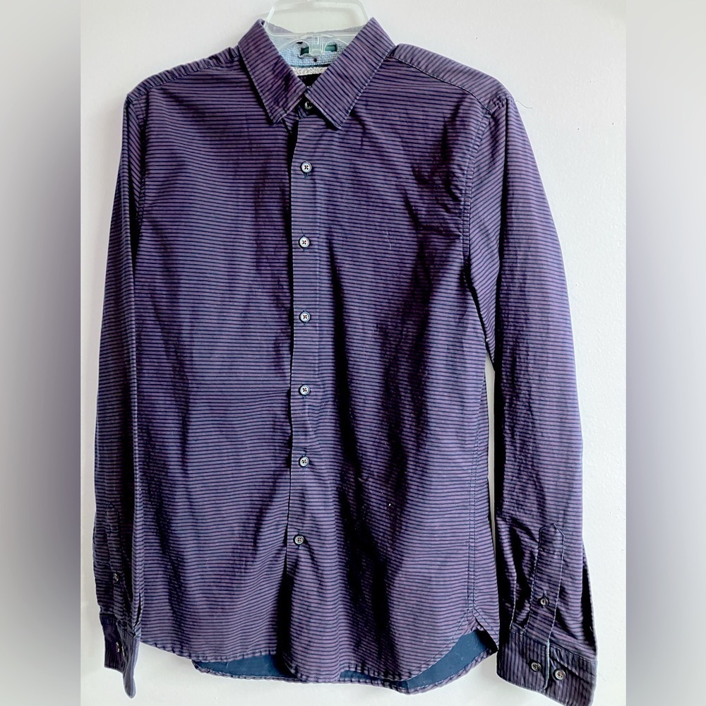 Men’s Long Sleeve Dress Shirt, Medium, Navy Blue/Maroon Stripes, Denim & Flowers